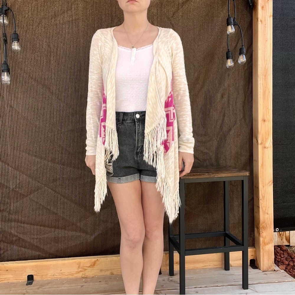 Absolutely Cream and Pink Patterned Fringe Cardigan